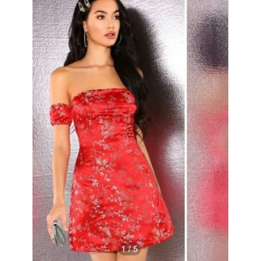 Jacquard Mini Dress | Off Shoulder Mandarin Satin Y2K Dress Chinese New Year